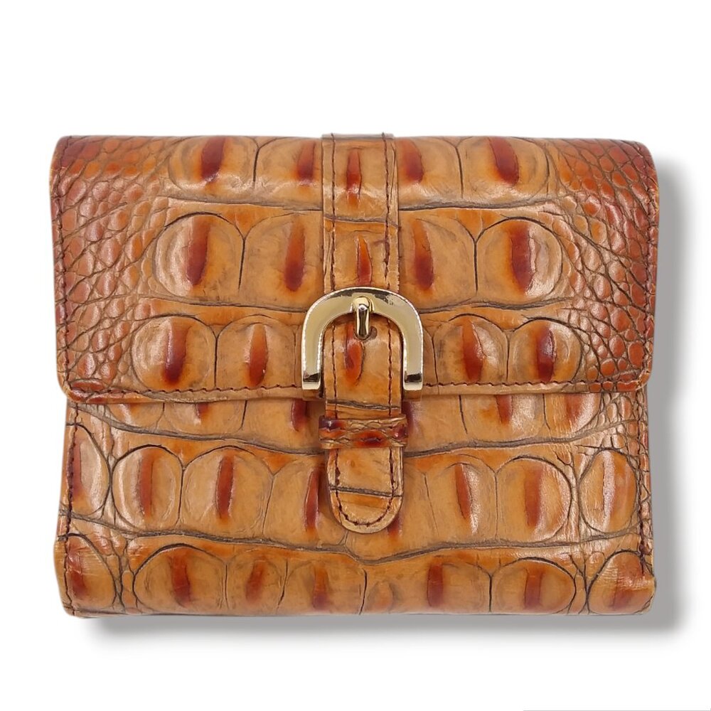 Vtg Brahmin Bifold Wallet Toasted Melbourne Croc Embossed Leather Gold Buckle